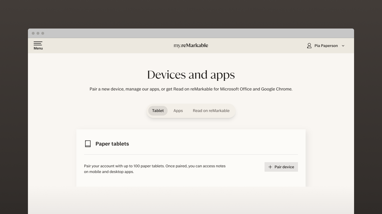 Webpage showing reMarkable account devices and apps: Pair a new device, manage apps, or use Read on reMarkable for Microsoft Office.