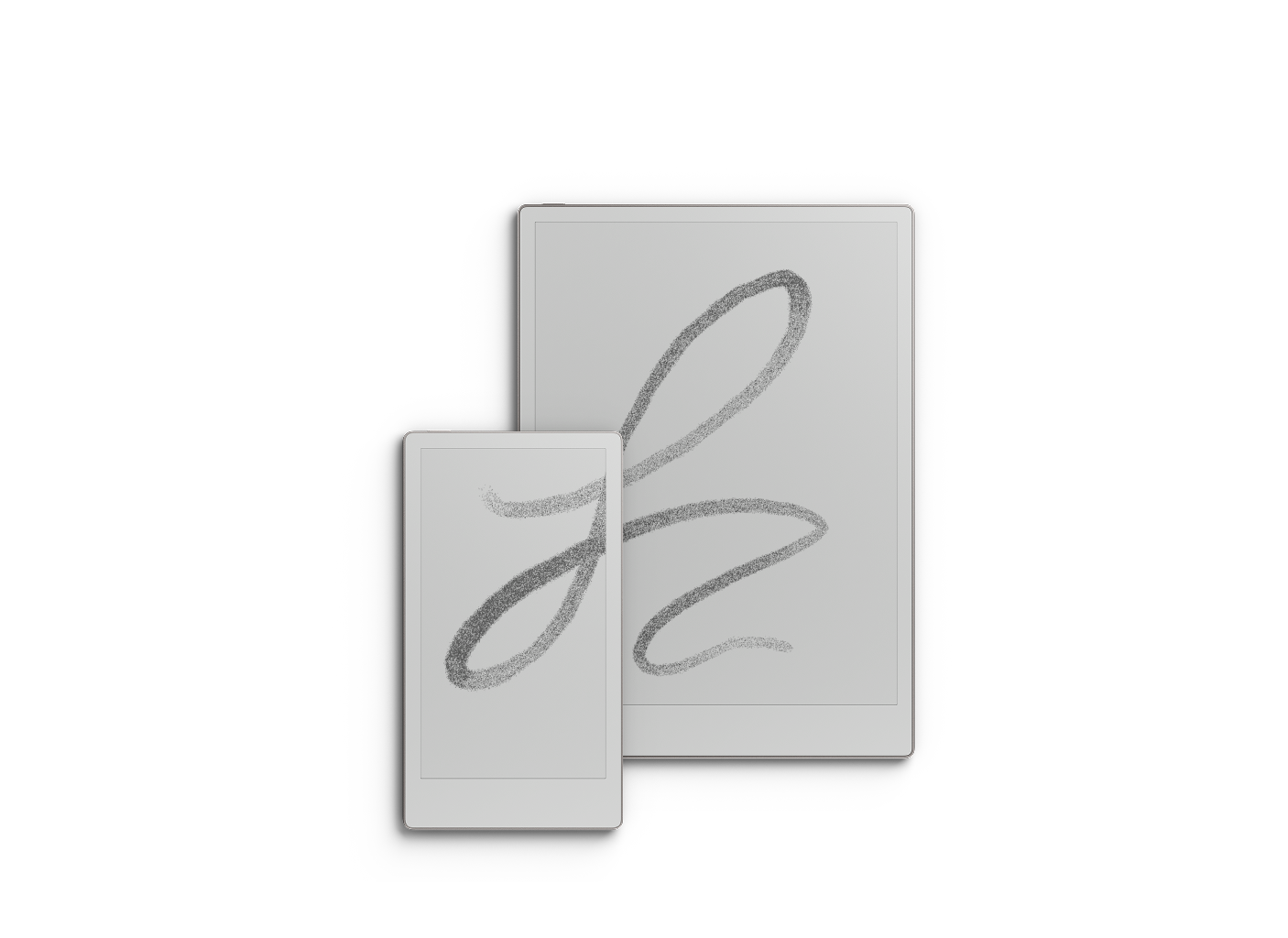 A direct size comparison between the larger reMarkable Paper Pro and the more portable reMarkable Paper Pro Move. A single, seamless line flows across both screens, illustrating the consistent, high-quality writing experience on either device.