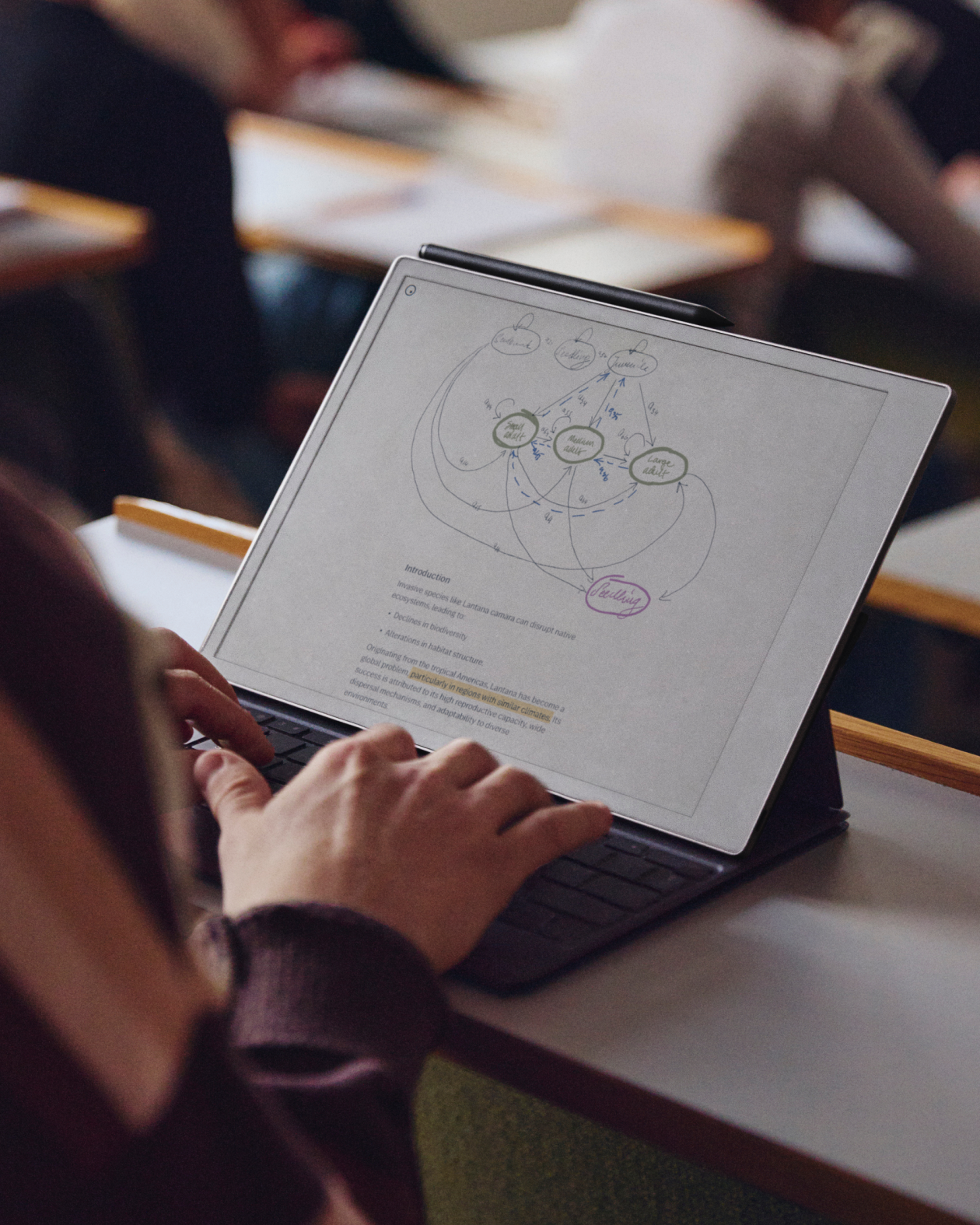 A student typing away on the reMarkable Paper Pro Type Folio, for focused lecture notes.