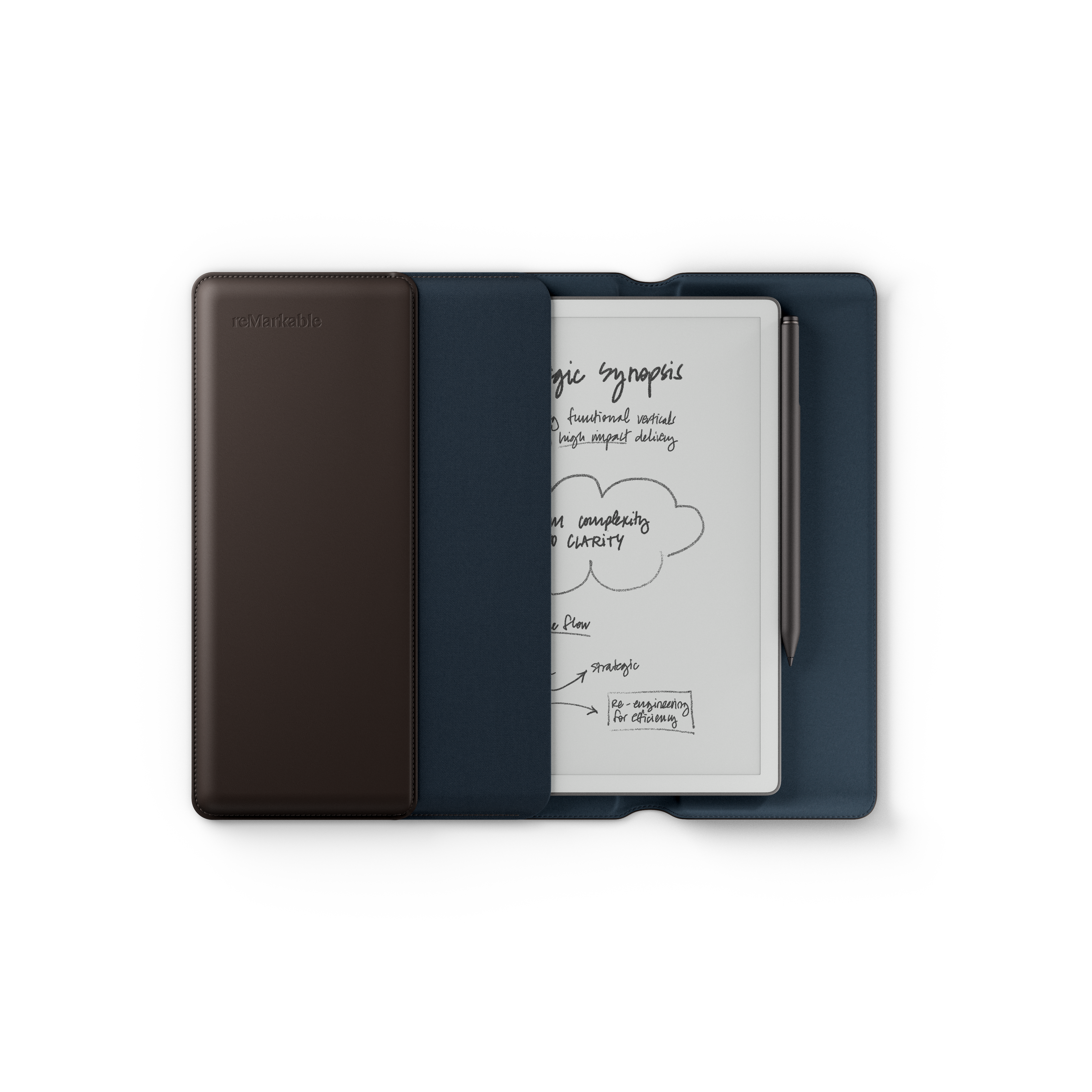 Image of the reMarkable Paper Pure half-way out of the Leather Brown Sleeve Folio