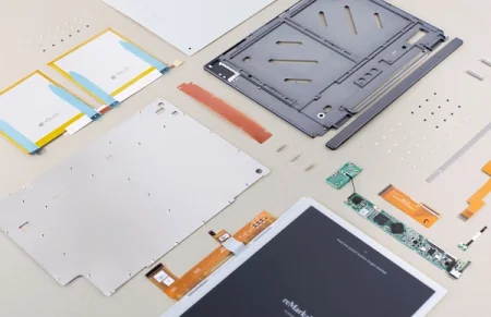 Exploded view of reMarkable paper tablet, showing internal components.