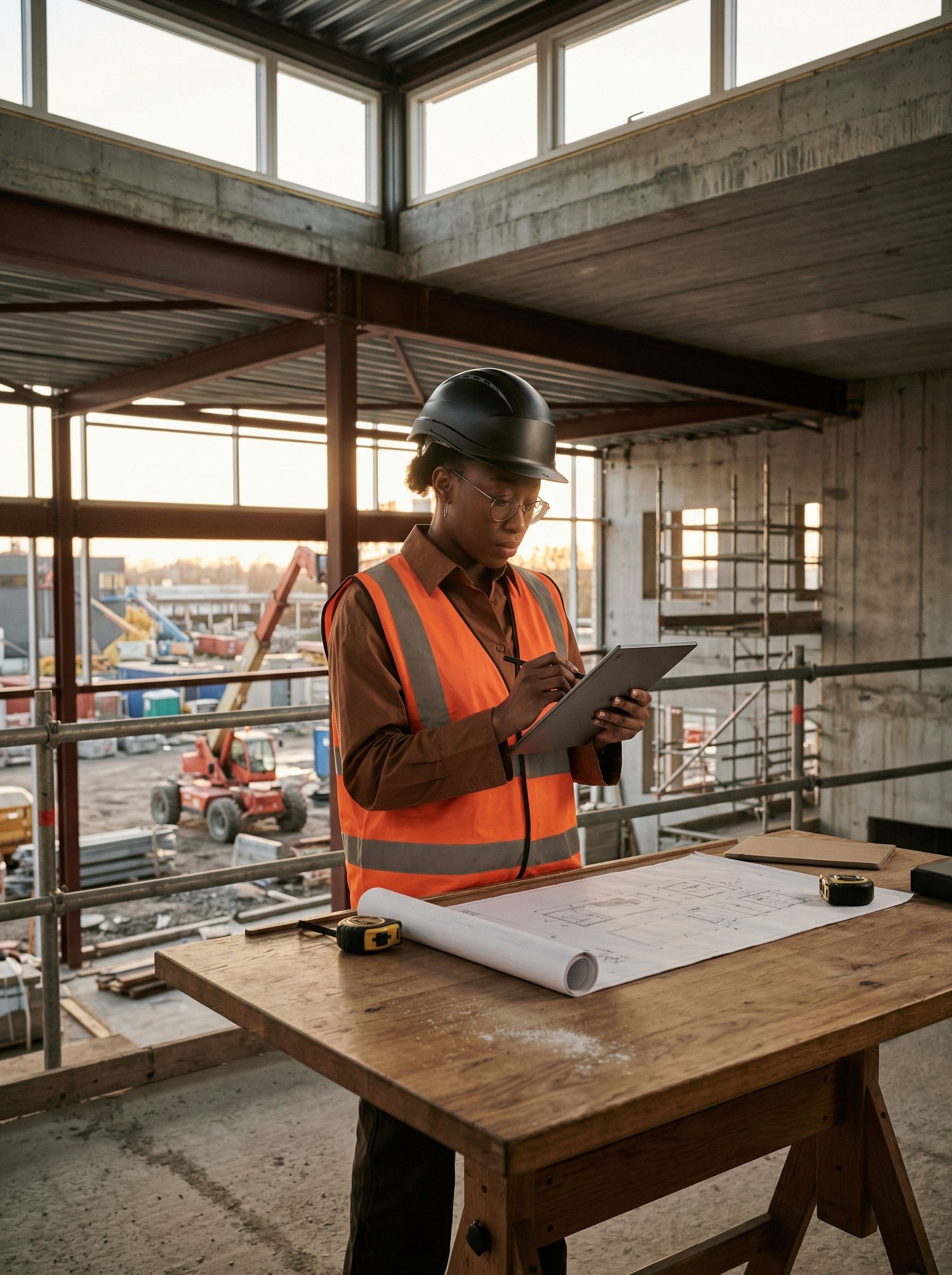 A construction worker using a reMarkable paper tablet on site.
