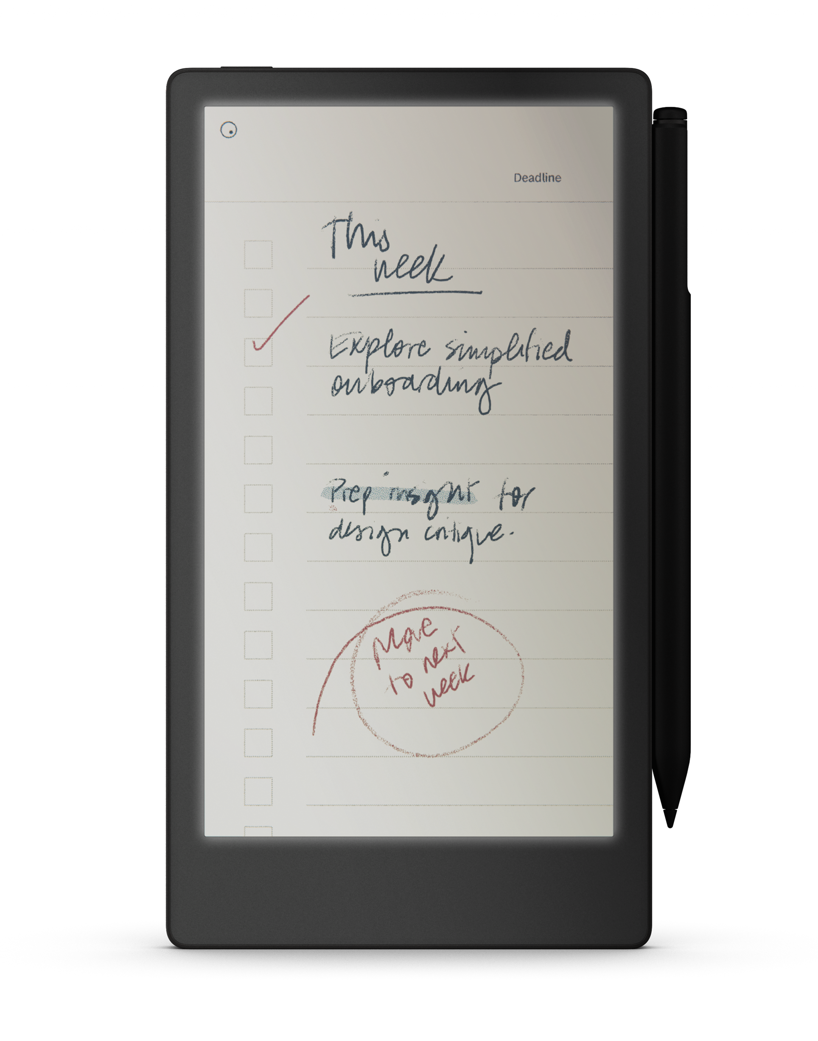 reMarkable paper tablet with screen brightness turned on in a low light setting, showing a to-do list with the Marker on the side.