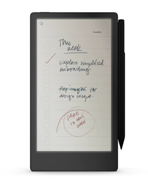 reMarkable paper tablet with screen brightness turned on in a low light setting, showing a to-do list with the Marker on the side.