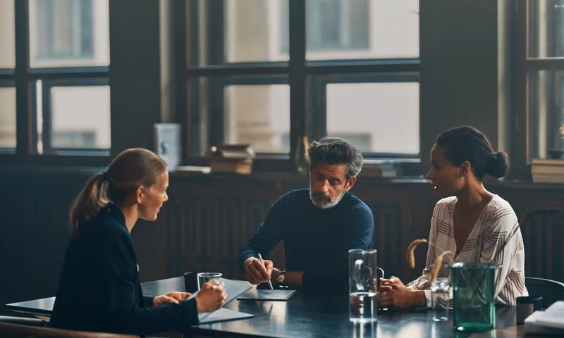 One man and two women seated around a table in an office working on their reMarkable paper tablets.