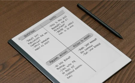 A reMarkable paper tablet displaying notes with the Marker resting on a wooden table.