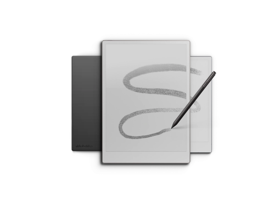 A flat lay of reMarkable products, featuring the reMarkable Paper Pro with a Marker Plus, the reMarkable Paper Pro Move, and a black Book Folio for the reMarkable 2.