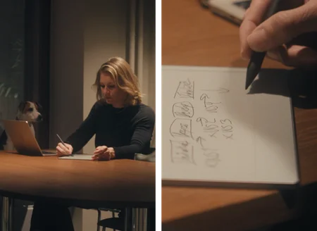 reMarkable paper tablet with Marker, notes. Woman and dog at desk with a laptop.
