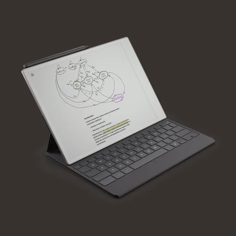 A reMarkable Paper Pro with a Type Folio and a Marker Plus attached