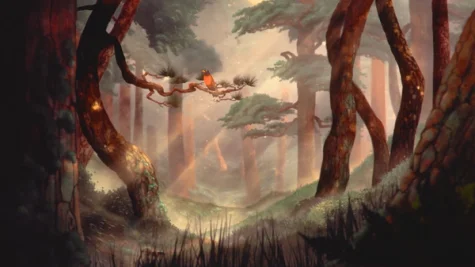 Forest scene with a bird on a tree branch.
