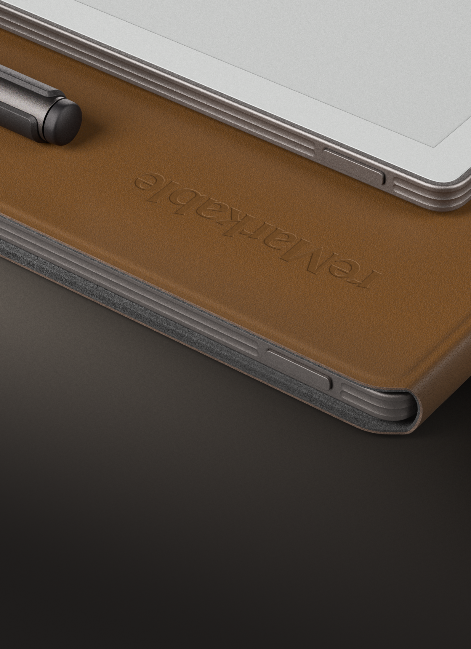 Close-up of reMarkable Paper Pro tablet with brown leather Book Folio cover.
