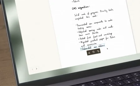 A reMarkable paper tablet displays handwritten notes with the selected text "Onboarded new editors".