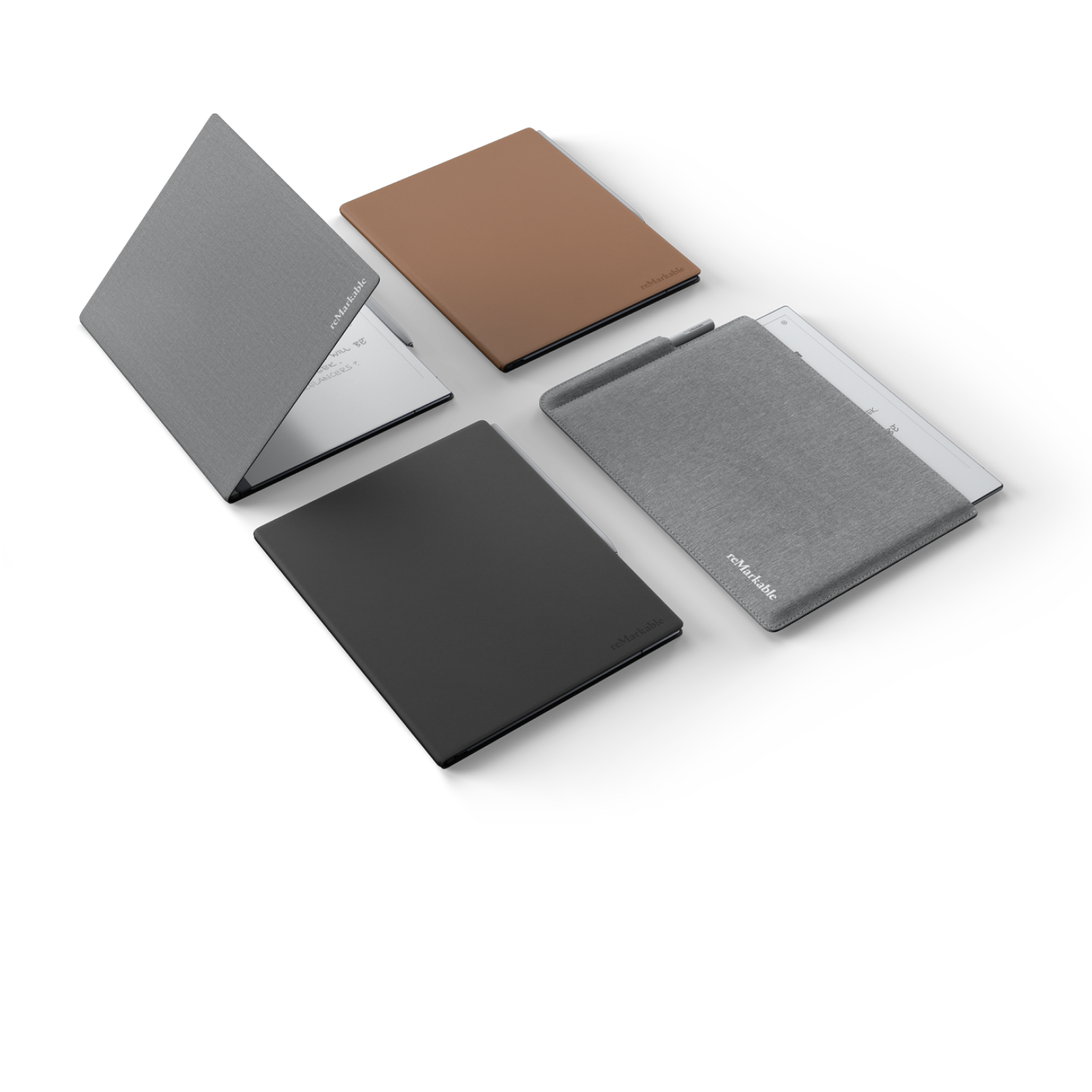 All Folios for reMarkable 2, brown and black leather Book Folio, gray Book Folio and gray Folio.