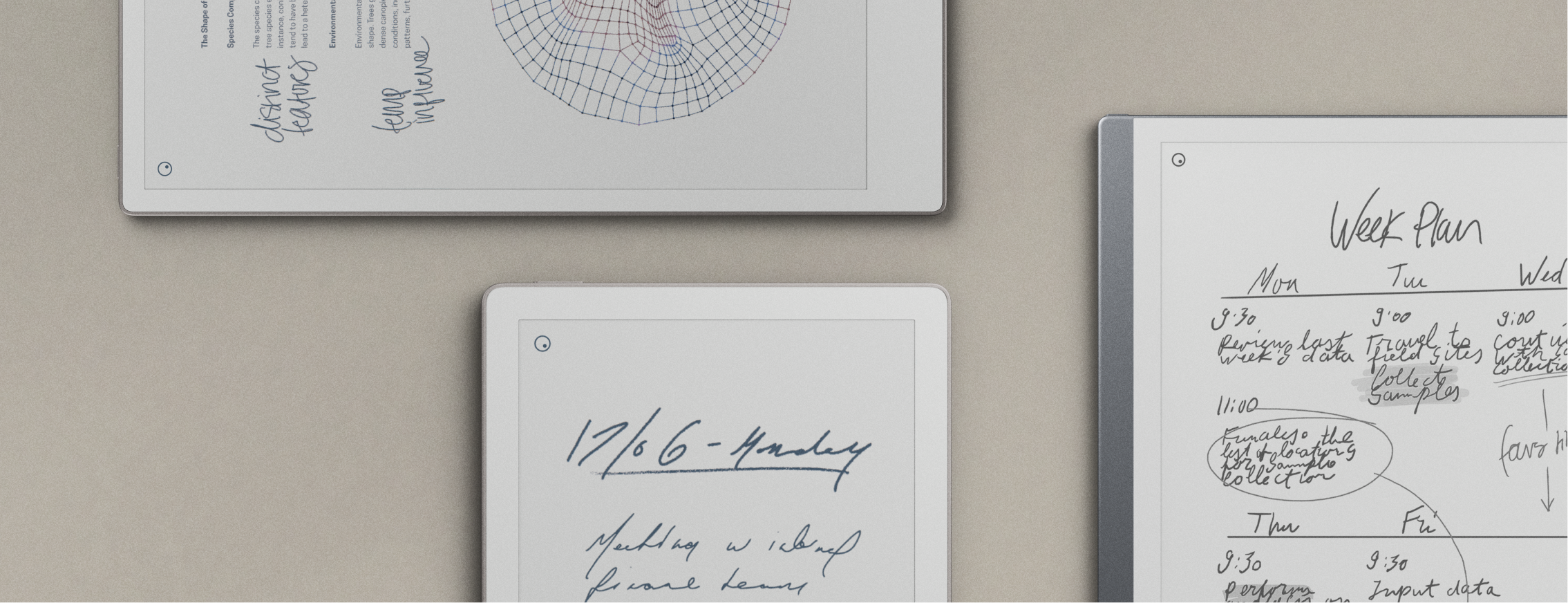 Three Remarkable devices laid out on a table.