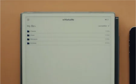 A reMarkable paper tablet displays folders structure: Projects, Areas, Resources, and Archives also known as the PARA method.