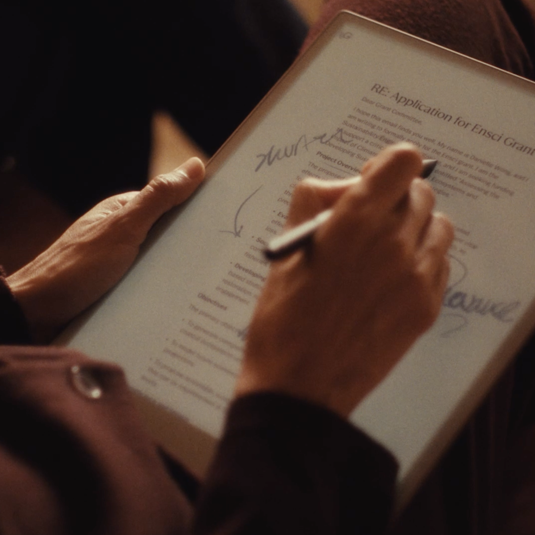 A reMarkable Paper Pro showing notes being reviewed and annotated, while the reading light is on.
