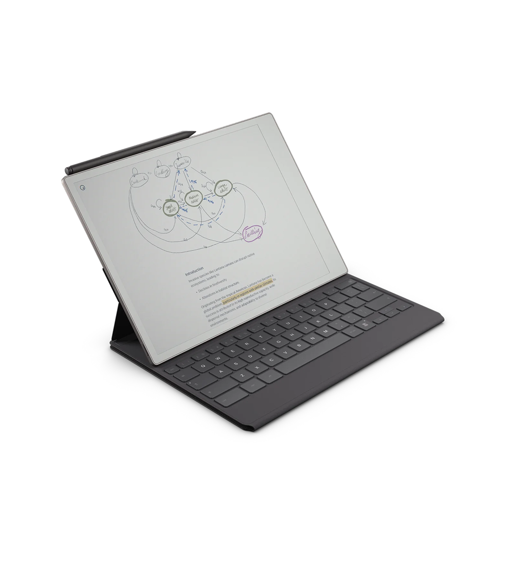 A reMarkable paper tablet with a Type Folio. The screen displays handwritten notes with circled elements and highlighted text.