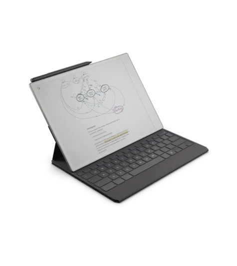 A reMarkable paper tablet with a Type Folio. The screen displays handwritten notes with circled elements and highlighted text.