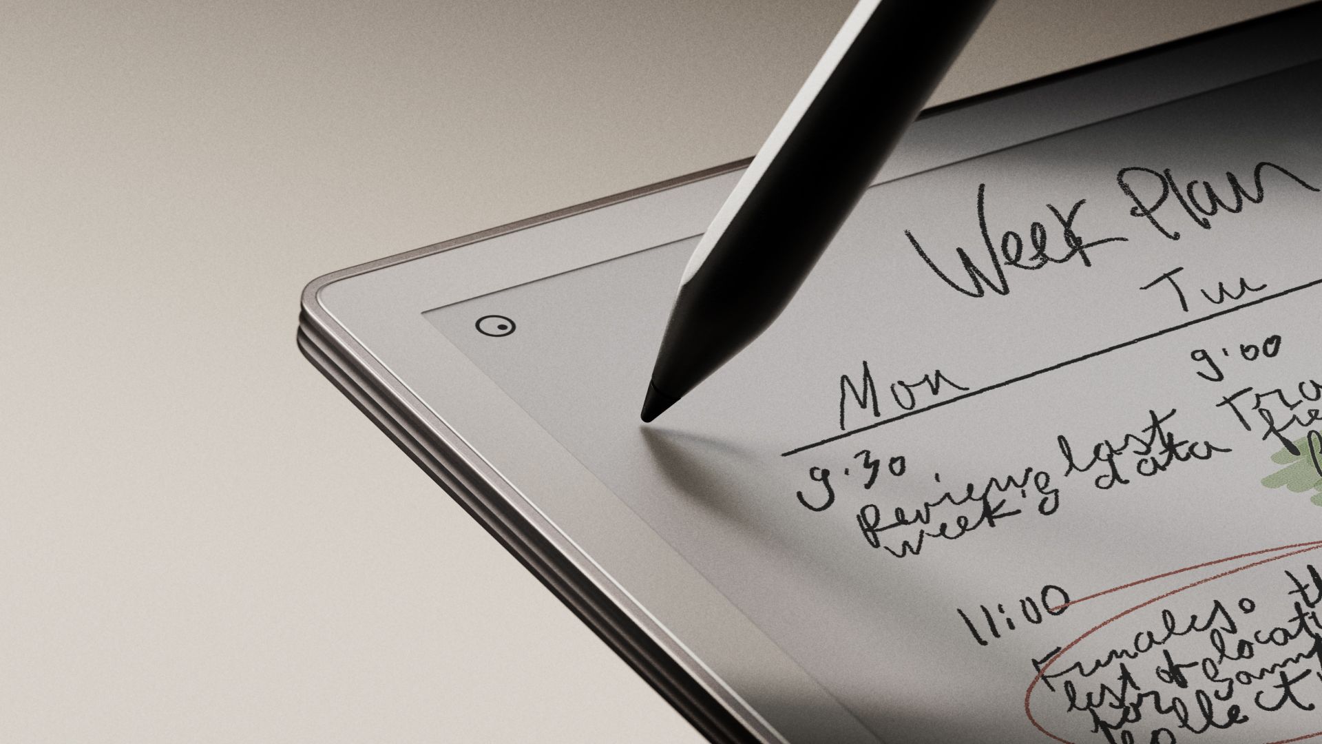 reMarkable paper tablet with a handwritten week plan and Marker.