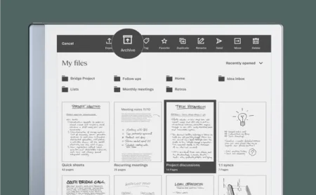 The My files screen on a reMarkable 2. A notebook is selected, and the new "Archive" option is highlighted in the action bar.