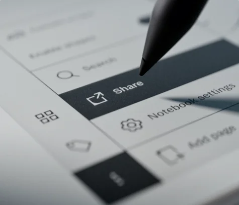 Close-up of a reMarkable paper tablet interface, showing a Marker Plus tip selecting the dark highlighted 'Share' menu item next to 'Notebook settings' and toolbar icons.