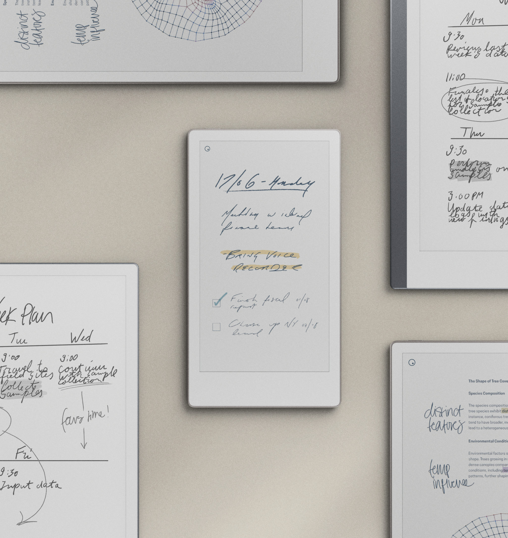 The three paper tablets in the reMarkable portfolio—the reMarkable Paper Pro, the reMarkable 2, and the smaller Paper Pro Move—are lying side-by-side on a table.