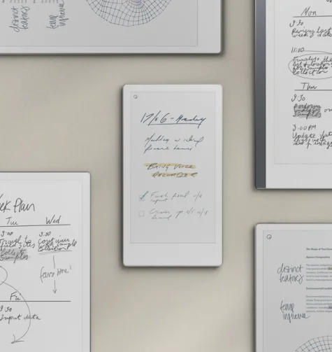 The three paper tablets in the reMarkable portfolio—the reMarkable Paper Pro, the reMarkable 2, and the smaller Paper Pro Move—are lying side-by-side on a table.