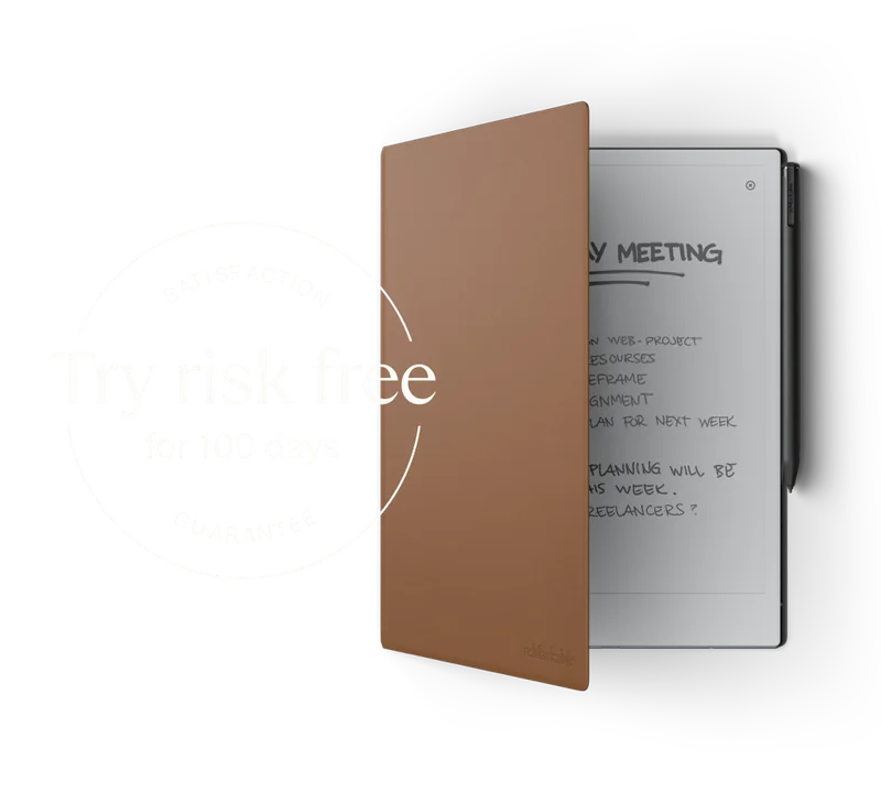 reMarkable paper tablet with brown Book Folio.