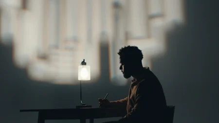 A person writing at a desk illuminated by a lamp.