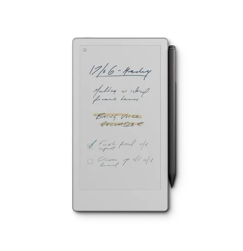 reMarkable Paper Pro Move tablet displaying handwritten notes with the Marker attached to the side.