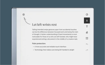 reMarkable paper tablet displaying left-handed palm rejection features.