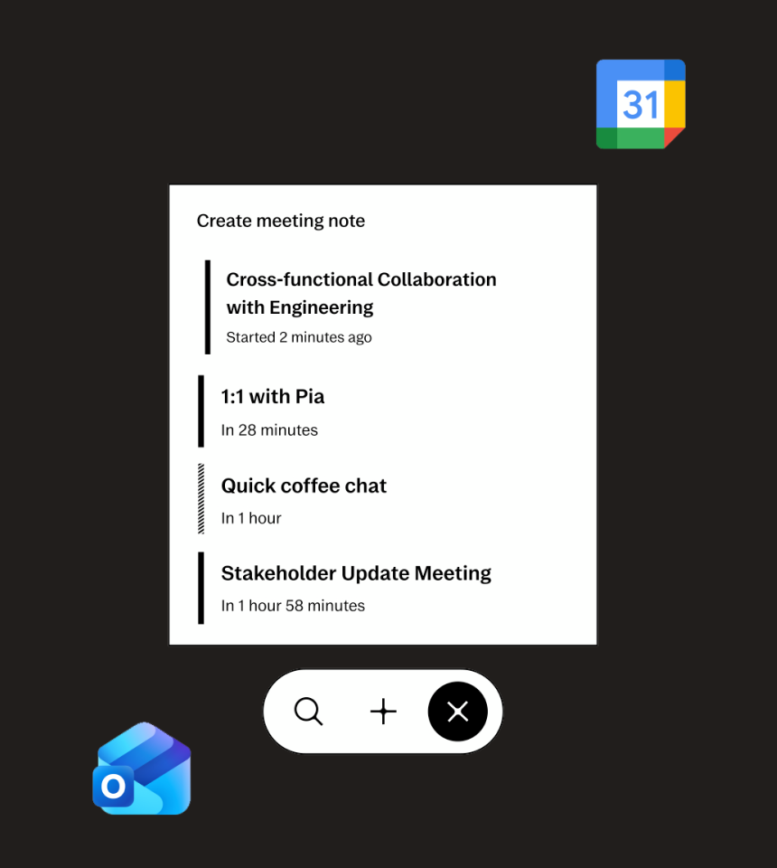 user interface showing Create meeting note and Outlook and Google calendar icons 