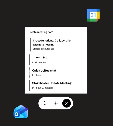 user interface showing Create meeting note and Outlook and Google calendar icons