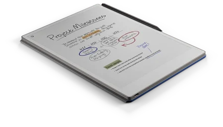 Image of the modern, slim reMarkable Paper Pro and Marker Pro stylus with color content on screen, highlighting the evolution of digital notebooks from the Gridpad.