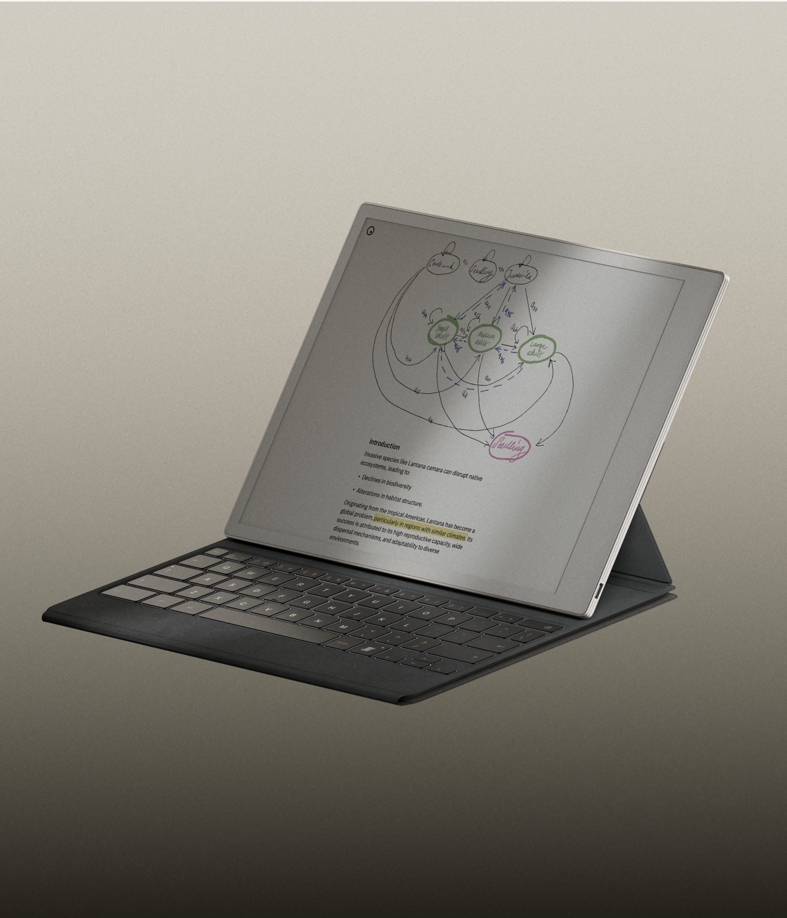 Close up of a reMarkable Paper Pro with a Type Folio in typing position.