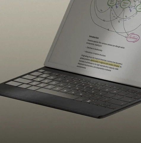 Close up of a reMarkable Paper Pro with a Type Folio in typing position.