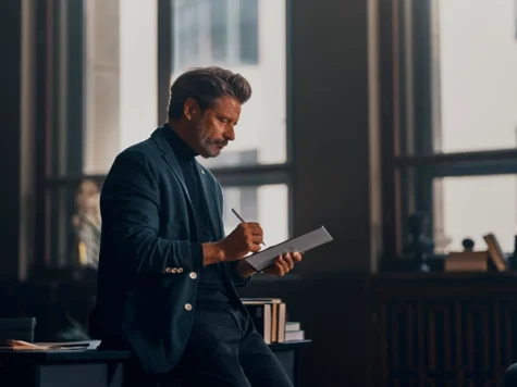 A man writing on a reMarkable 2 leaning against a desk.