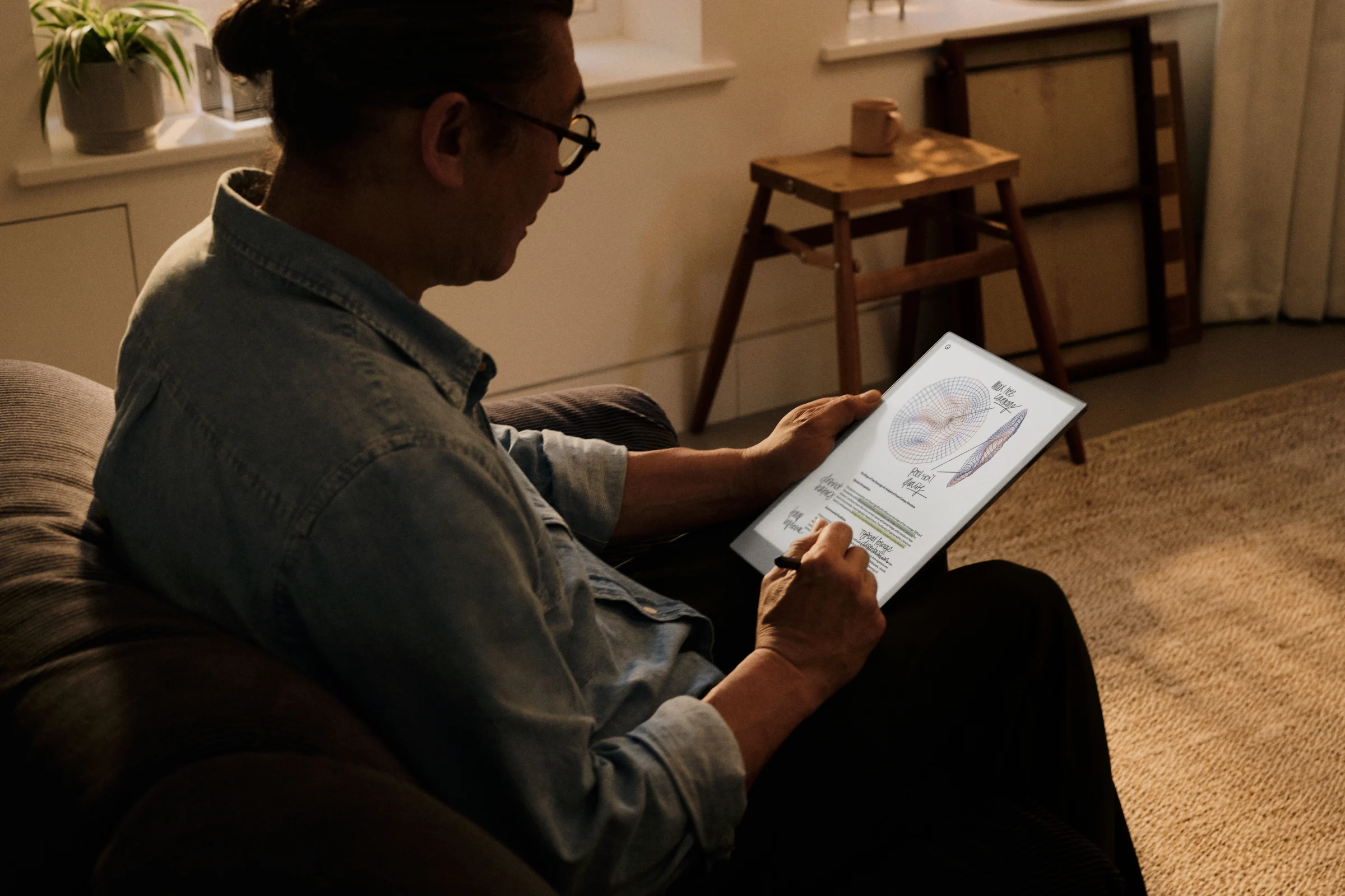 A person seated in warm indoor lighting, holding a reMarkable paper tablet displaying an annotated document with colored 3D wireframe mesh diagrams and handwritten notes, using a Marker Plus to write on the screen.