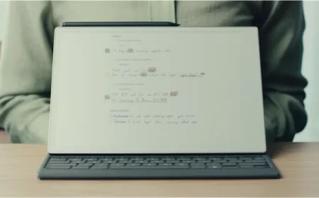 A reMarkable paper tablet on a desk displaying notes, with the Type Folio attached.