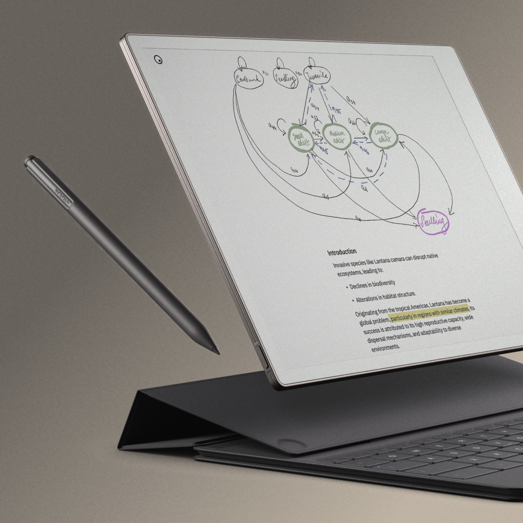 Type Folio ve yana doğru tutturulmuş Marker Plus'lı cihazı gösterme