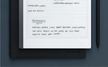 A reMarkable paper tablet displaying notes and summary, with a Marker to the right.