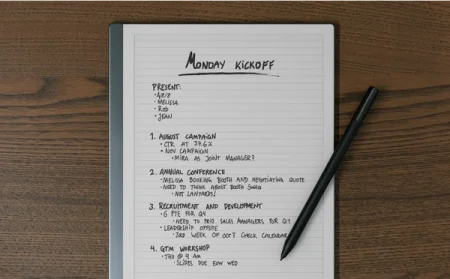 A reMarkable paper tablet showing meeting notes with the Marker laying on top.