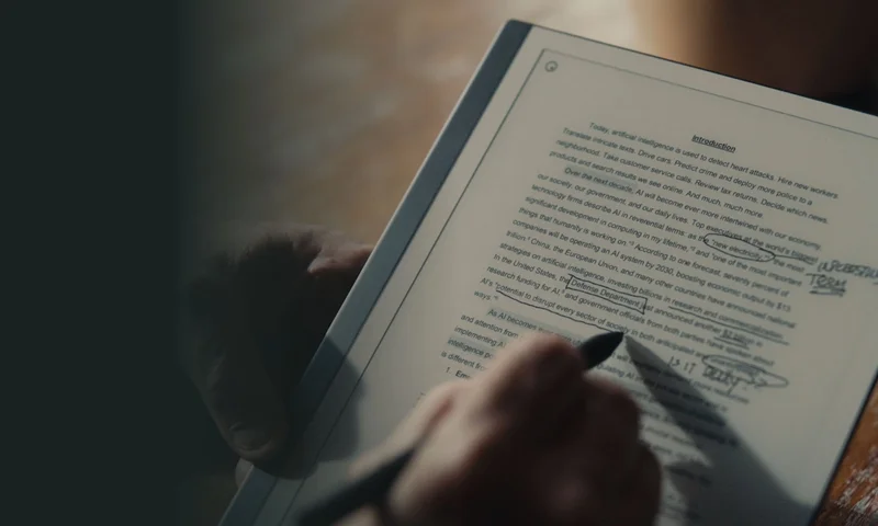 Person writing on reMarkable tablet