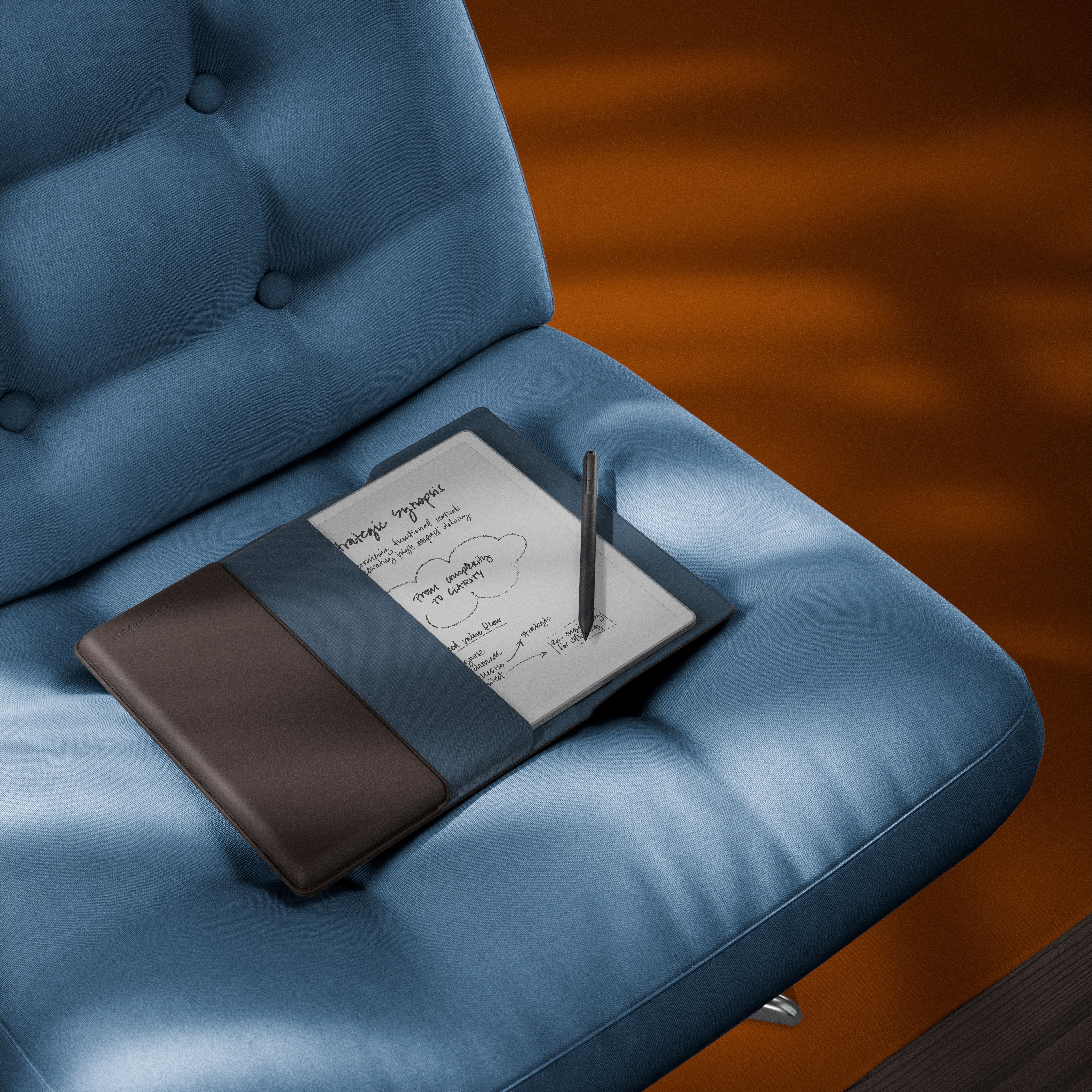 The reMarkable Paper Pure with Brown Leather Sleeve Folio and Marker Plus