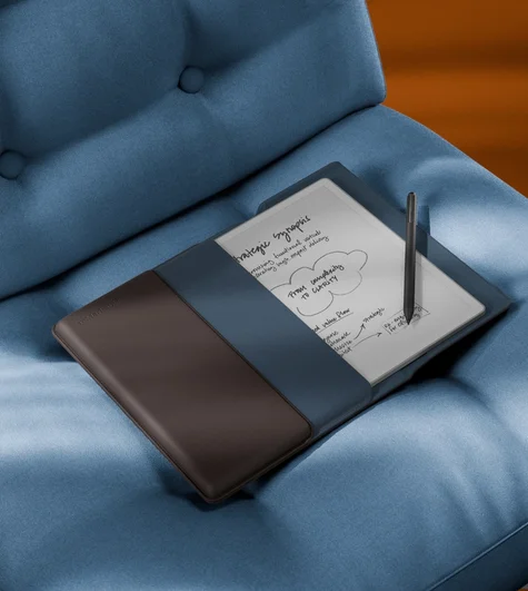 Sleeve folio on a blue sofa
