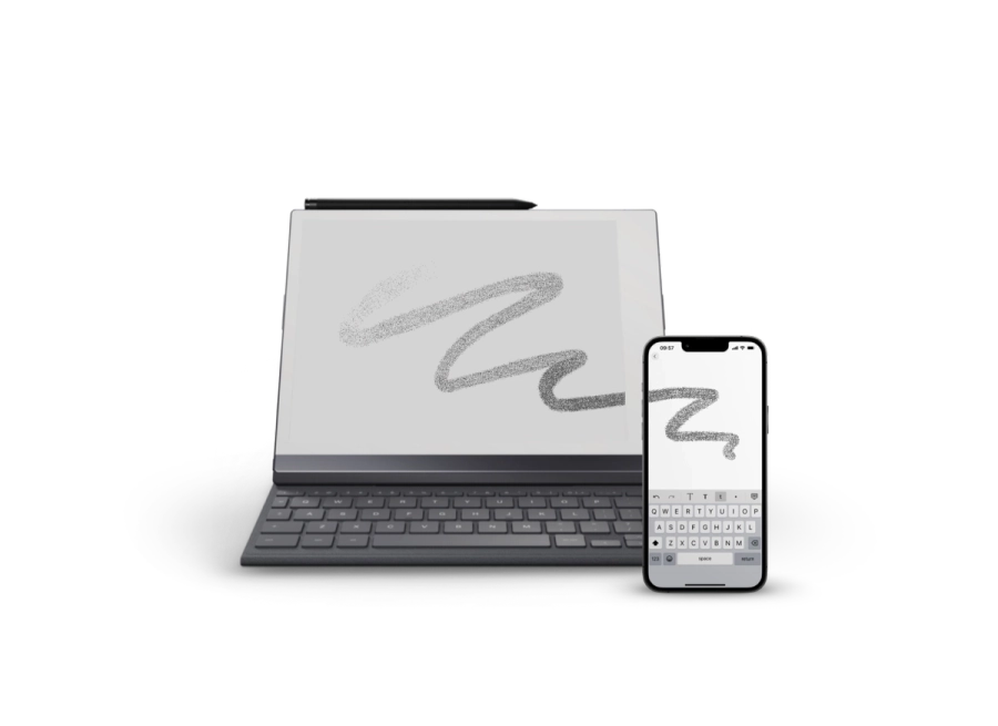 The seamless cross-platform syncing of a Connect subscription is illustrated by a single brush stroke that flows continuously from the screen of a reMarkable Paper Pro onto the screen of a nearby smartphone.