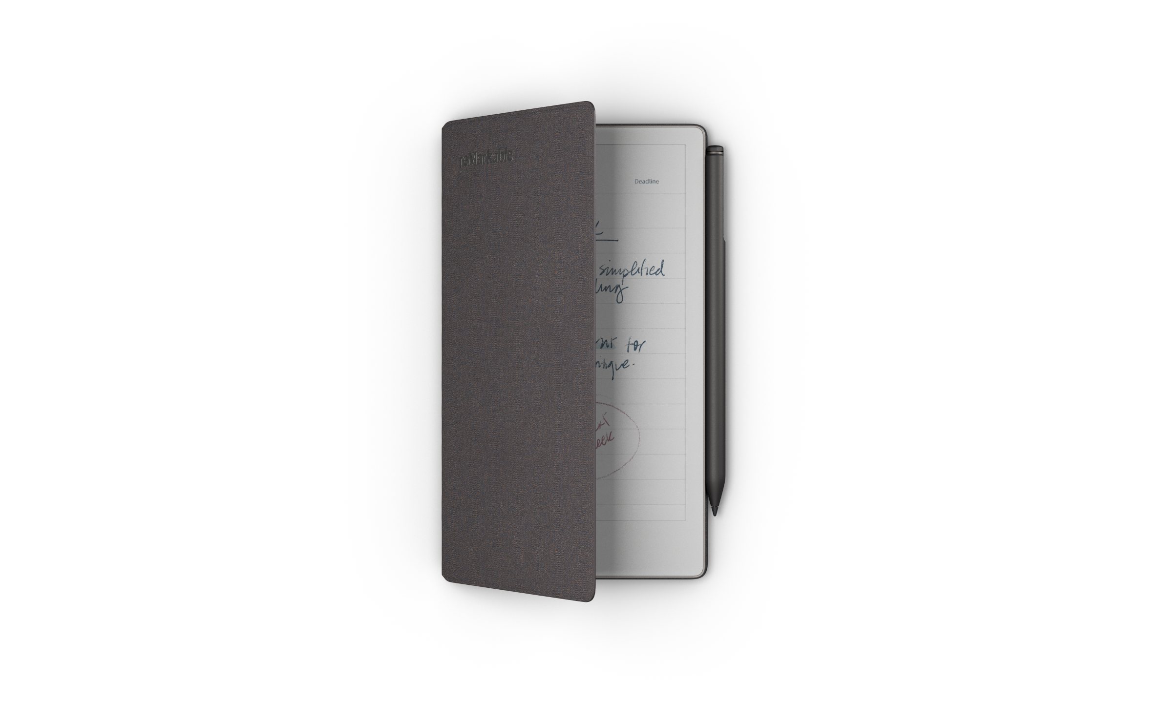 reMarkable Paper Pro Move with Marker Plus and Basalt Mosaic Weave Folio half-open