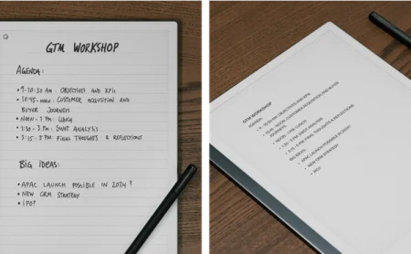 A reMarkable paper tablet displaying GTM workshop notes in both handwritten and converted typed text.