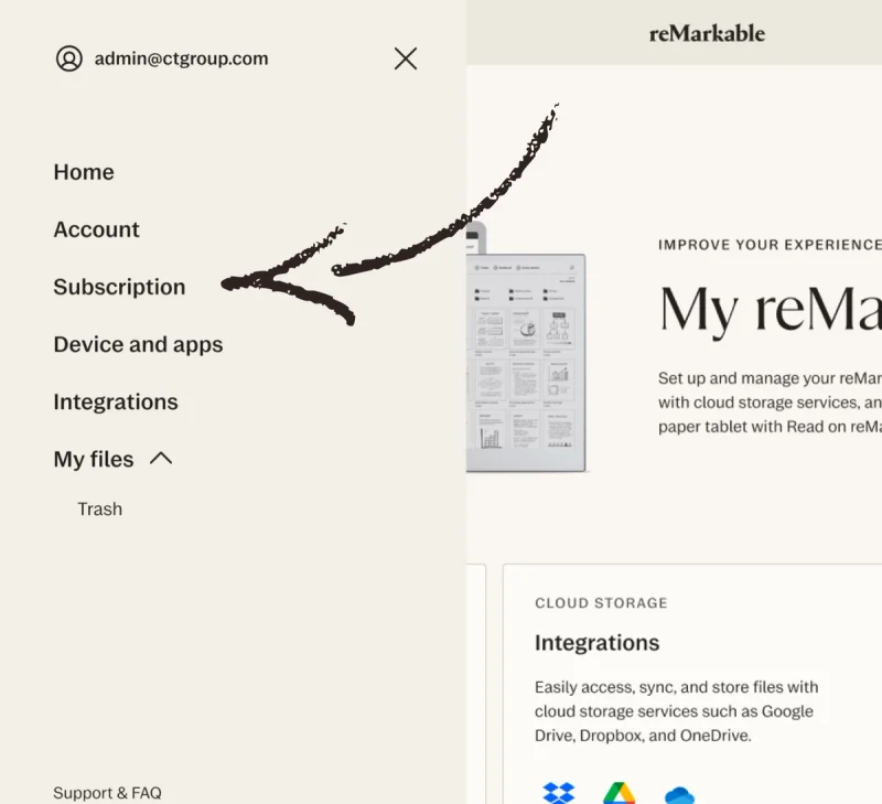 reMarkable account settings screen showing "Subscription" menu option.