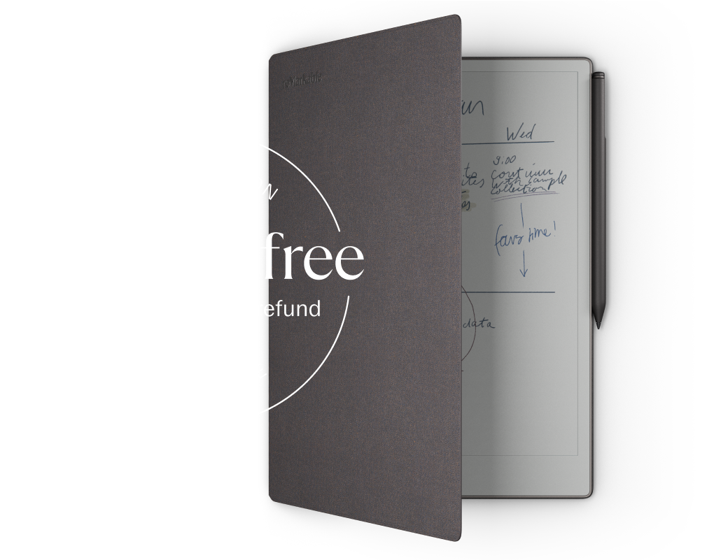 A reMarkable paper tablet with a Basalt Book Folio in Mosaic Weave, also showcasing a satisfaction guarantee.